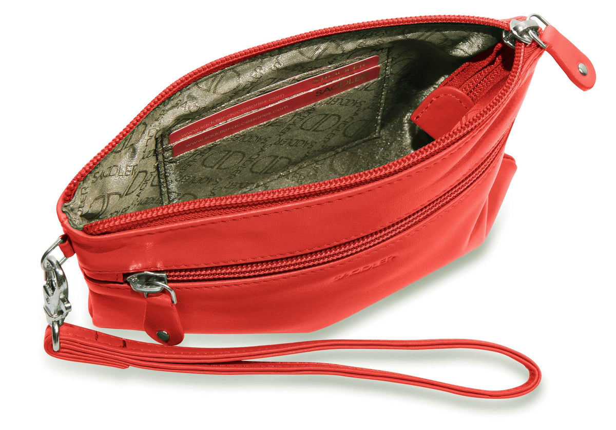 SADDLER SCARLETT Leather Zip Top Mini Clutch - Phone Holder with Detachable Wrist Strap - RFID Protected