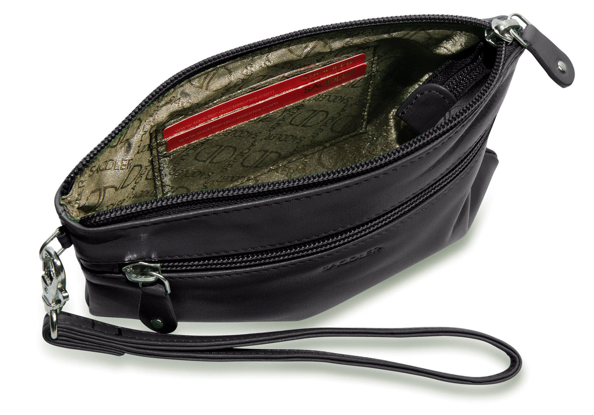 SADDLER SCARLETT Leather Zip Top Mini Clutch - Phone Holder with Detachable Wrist Strap - RFID Protected