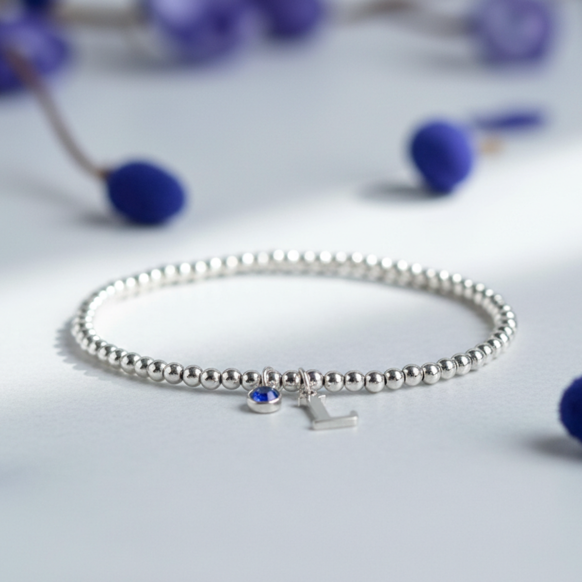 Initial &amp; September Birthstone Bracelet | Personalised Stretch Bead Bracelet