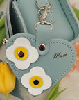 Love heart bag charm - with 'Mum' engraving and flower appliques - Sea Green