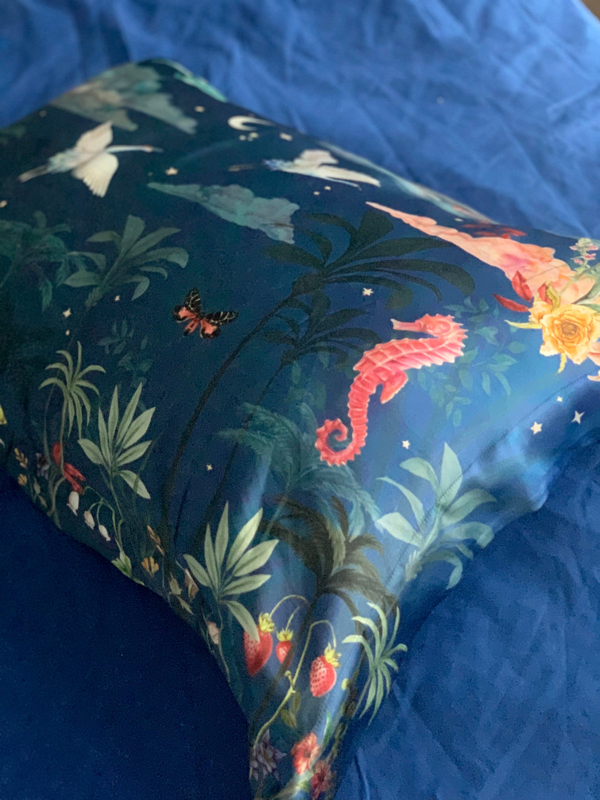 Blue Silk Pillowcase in hand painted 'Wonderous' print, Standard size Oxford Pillowcase