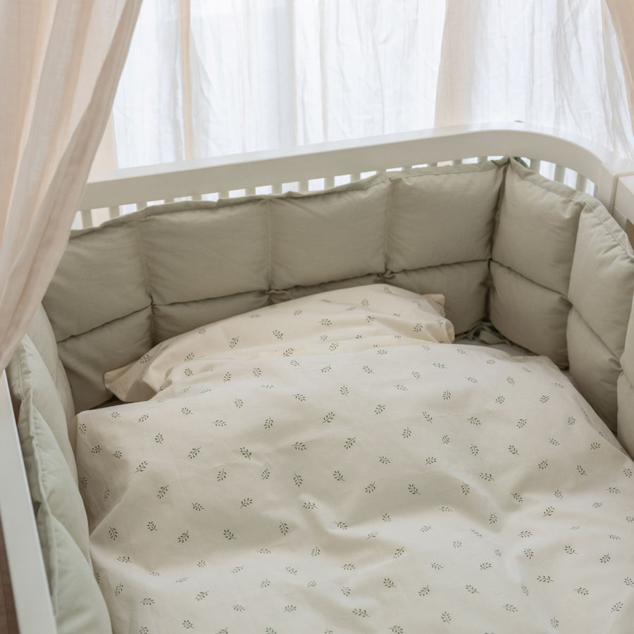 Premium Sebra Kapok Bumper, Mist Green Organic Cotton Cover, Natural Antibacterial Filling, Breathable Heat-Regulating, 60x120cm Cot Bed by Ella James at brixbailey.com