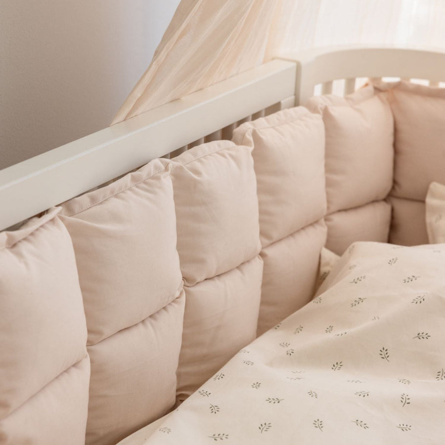 Premium Sebra Kapok Bumper, Birchbark Rose, Organic Cotton Cover, Natural Hypoallergenic Filling, Breathable Baby Bed Bumper by Ella James at brixbailey.com