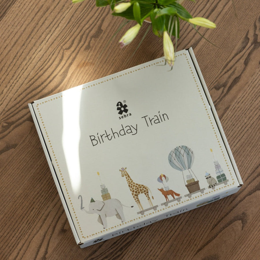 Premium Wooden Birthday Train with Animal Parade, Elephant and Candle Holders, Stylish Scandinavian Decor, Handcrafted Gift Box by Ella James at brixbailey.com
