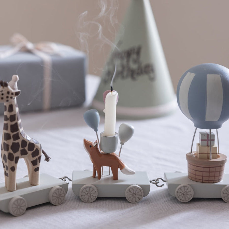 Premium Wooden Birthday Train with Animal Parade, Elephant and Candle Holders, Handcrafted Danish Design, Stylish Gift Box by Ella James at brixbailey.com