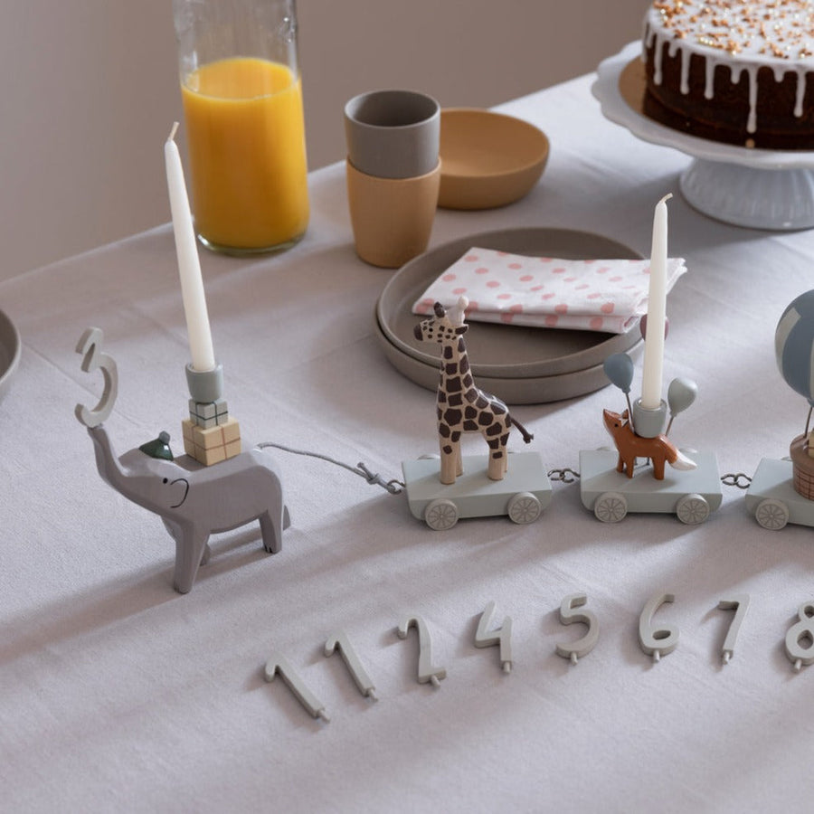 Premium Wooden Birthday Train with Animal Parade, Elephant and Candle Holders, Stylish Danish Design, Luxury Baby Gift by Ella James at brixbailey.com
