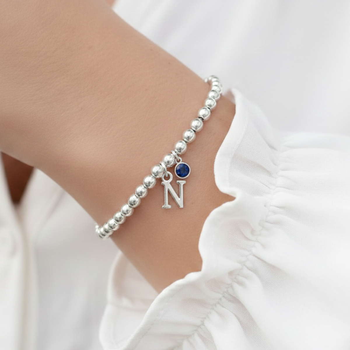 Initial &amp; September Birthstone Bracelet | Personalised Stretch Bead Bracelet