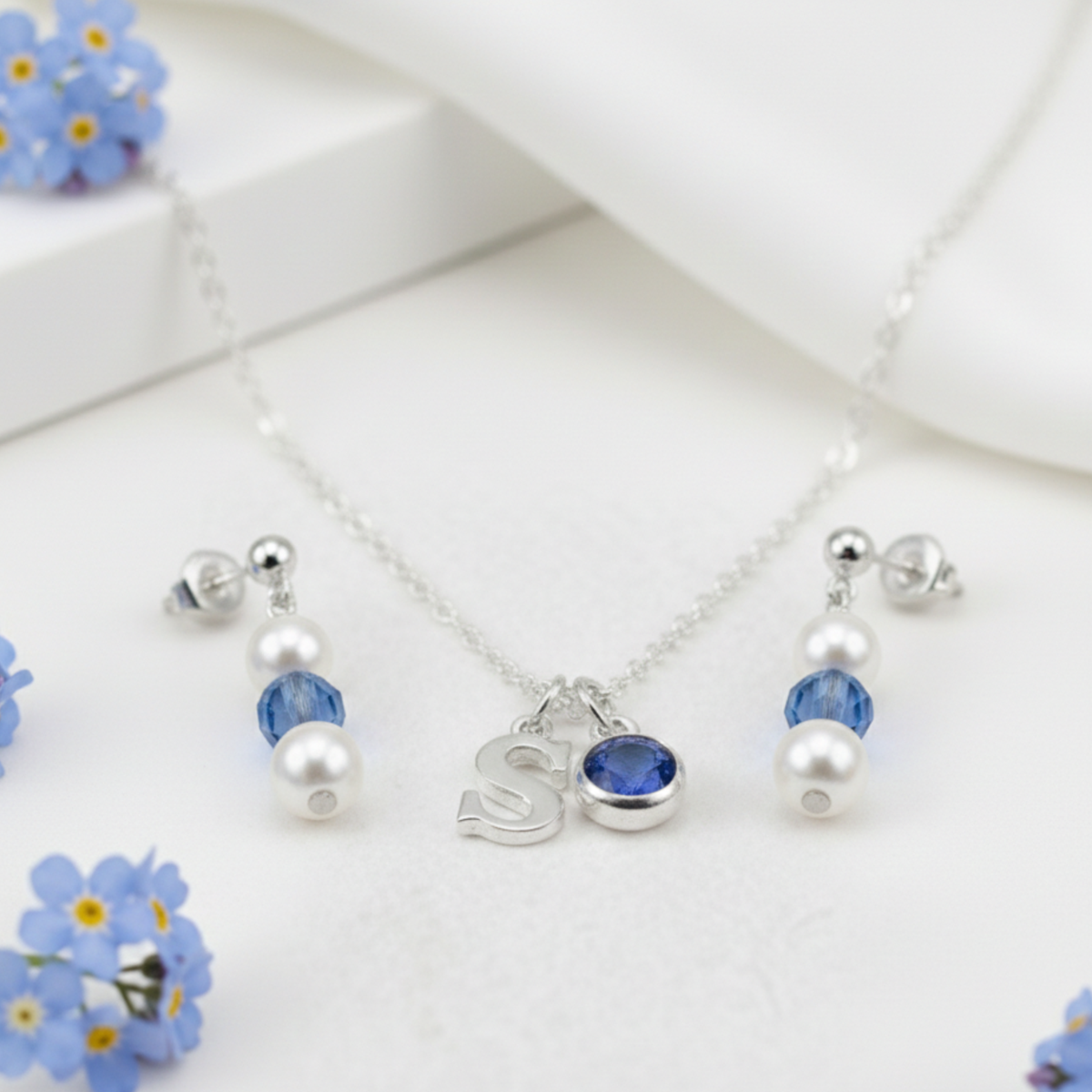 September Birthstone Jewellery Set | Pearl &amp; Sapphire Earrings + Personalised Necklace