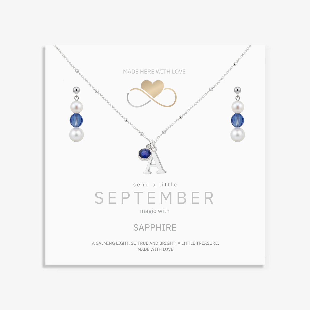 September Birthstone Jewellery Set | Pearl &amp; Sapphire Earrings + Personalised Necklace