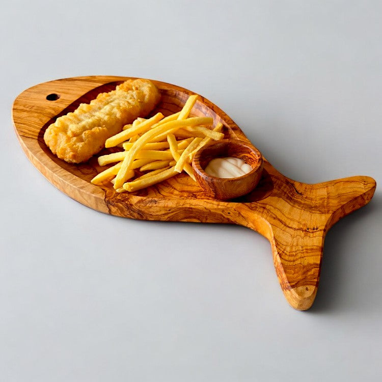 Olive Wood Fish Shaped Serving Board | Large Seafood &amp; Tapas Platter 35-45cm