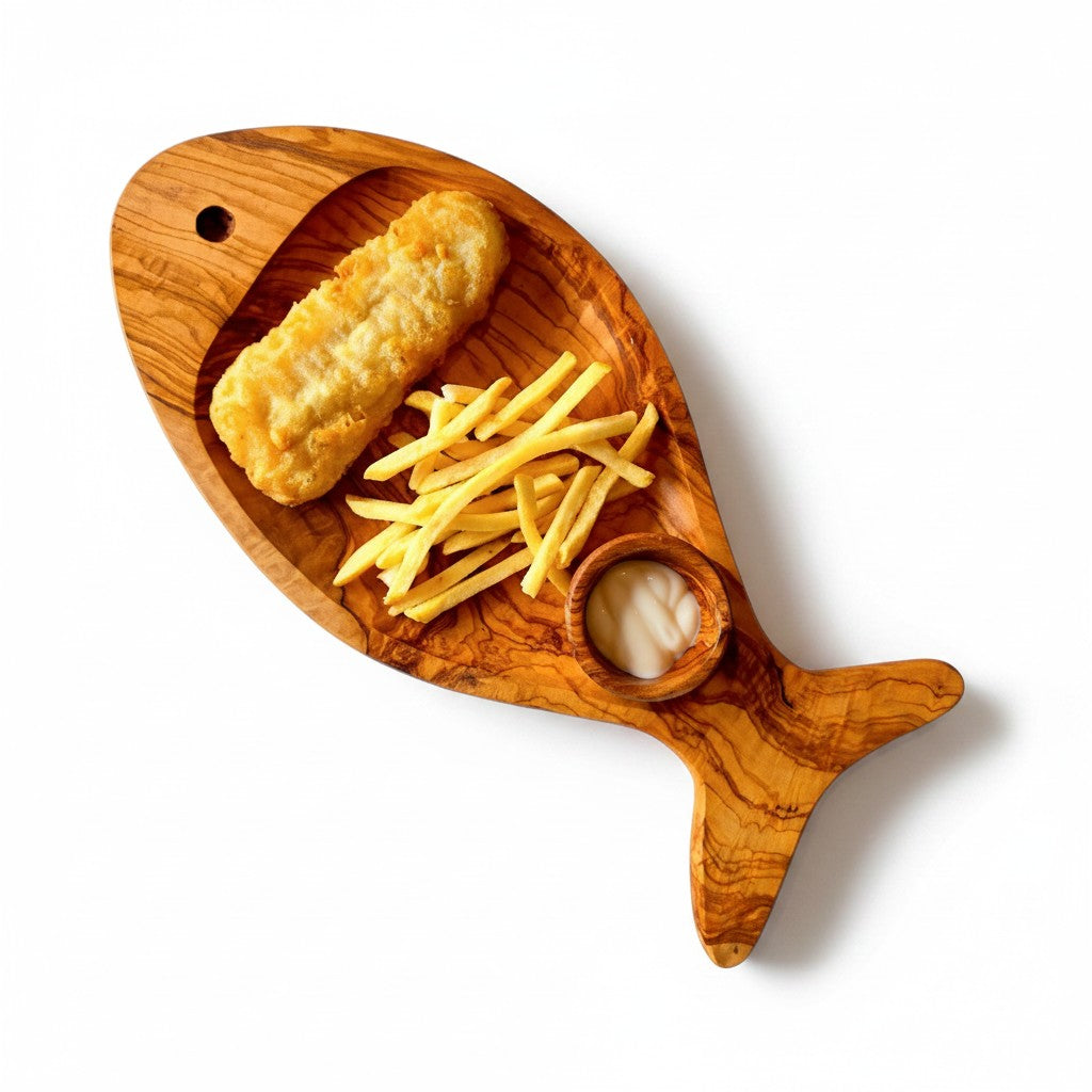 Olive Wood Fish Shaped Serving Board | Large Seafood &amp; Tapas Platter 35-45cm