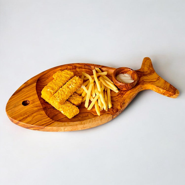 Olive Wood Fish Shaped Serving Board | Large Seafood &amp; Tapas Platter 35-45cm