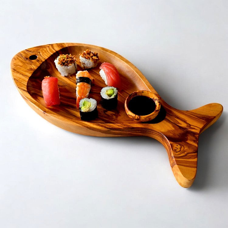 Olive Wood Fish Shaped Serving Board | Large Seafood &amp; Tapas Platter 35-45cm