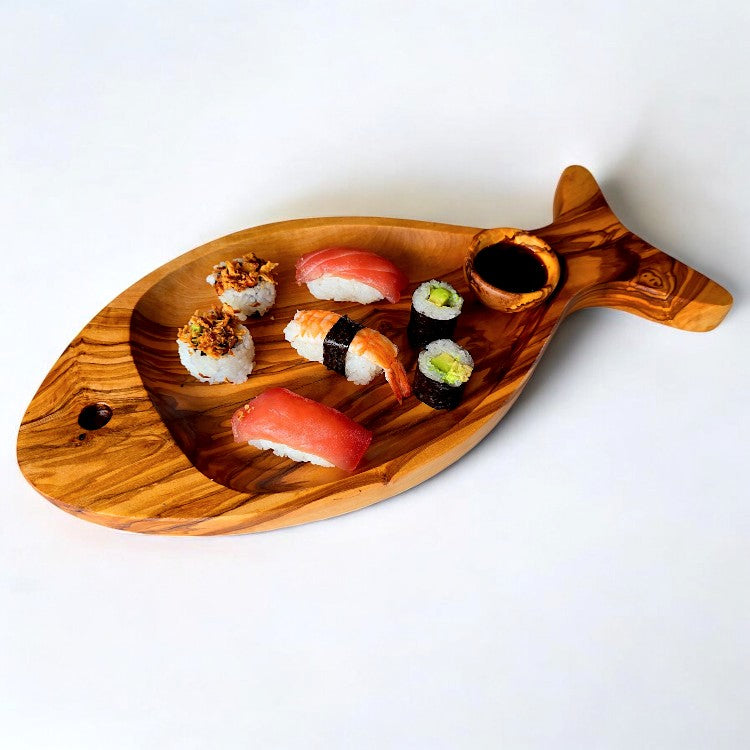 Olive Wood Fish Shaped Serving Board | Large Seafood &amp; Tapas Platter 35-45cm