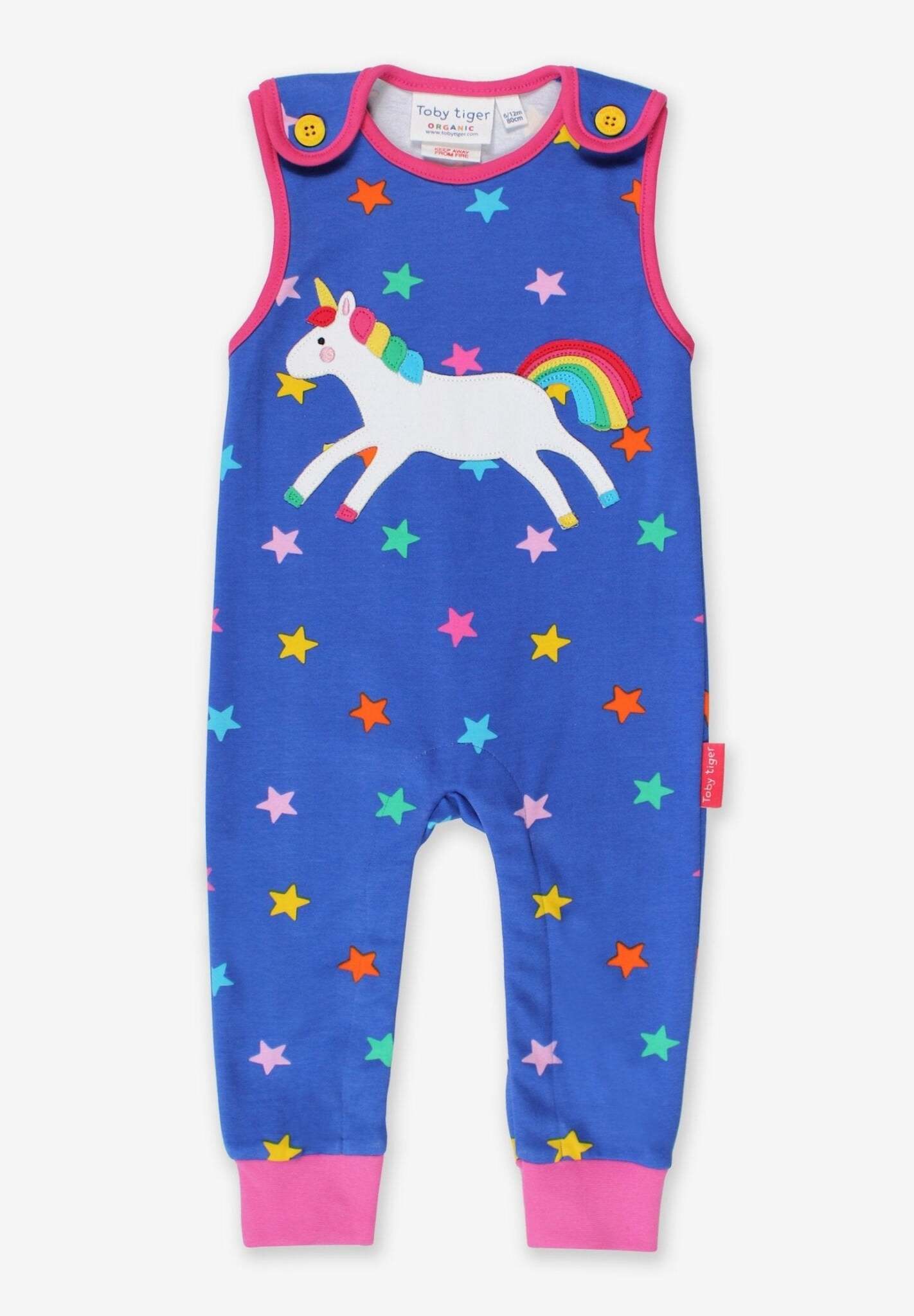 Magical Blue Onesie with Unicorn and Rainbow Appliques, Soft 100% Organic Cotton Baby Romper for Easy Diaper Changes by Toby Tiger at brixbailey.com