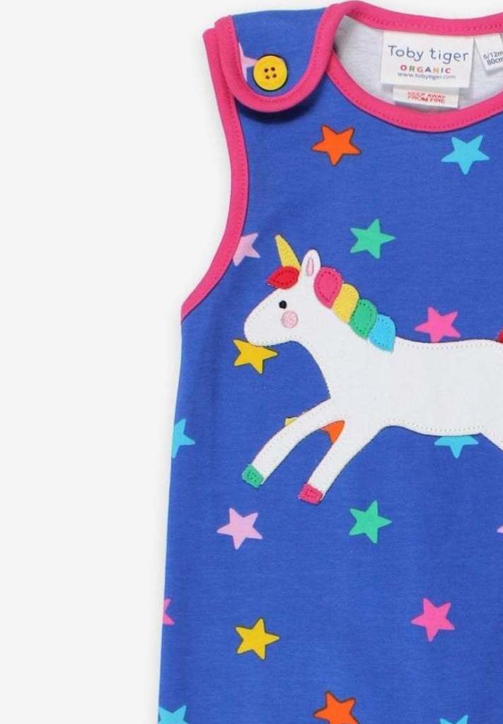 Magical Blue Onesie with Unicorn and Rainbow Appliques, Soft 100% GOTS-Certified Organic Cotton, Easy Snap Leg Buttons by Toby Tiger at brixbailey.com