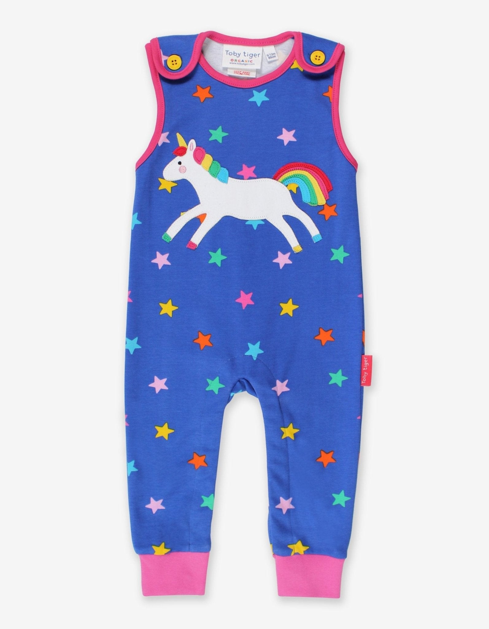 Magical Blue Onesie with Unicorn and Rainbow Appliques, Soft 100% GOTS-Certified Organic Cotton, Easy Snap Leg Buttons by Toby Tiger at brixbailey.com