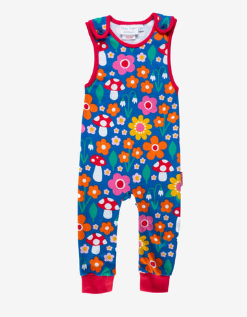 Premium organic cotton baby romper with floral mushroom print, softest GOTS-certified fabric, snap buttons, stylish red ankle bands by Toby Tiger at brixbailey.com