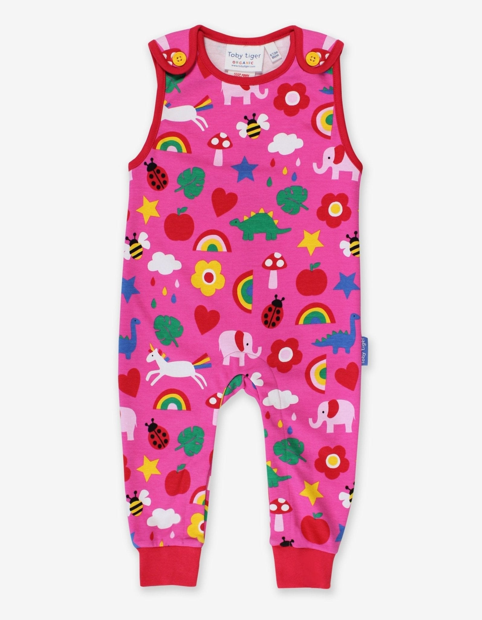 Premium baby romper with colorful dinosaur unicorn elephant print, organic cotton short-sleeve bodysuit, easy-change snap buttons, GOTS certified by Toby Tiger at brixbailey.com