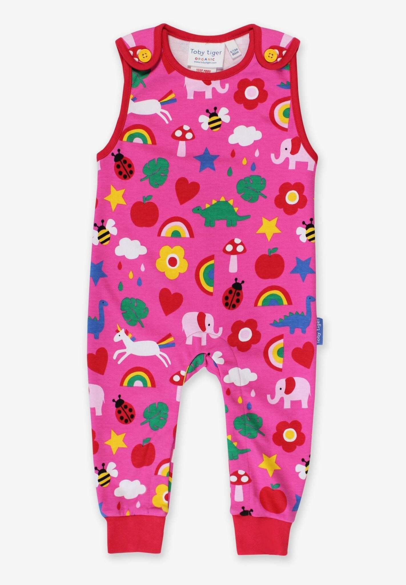 Premium baby romper with colorful dinosaur unicorn elephant print, organic cotton short sleeve bodysuit, easy-change snap buttons, soft sustainable fabric by Toby Tiger at brixbailey.com