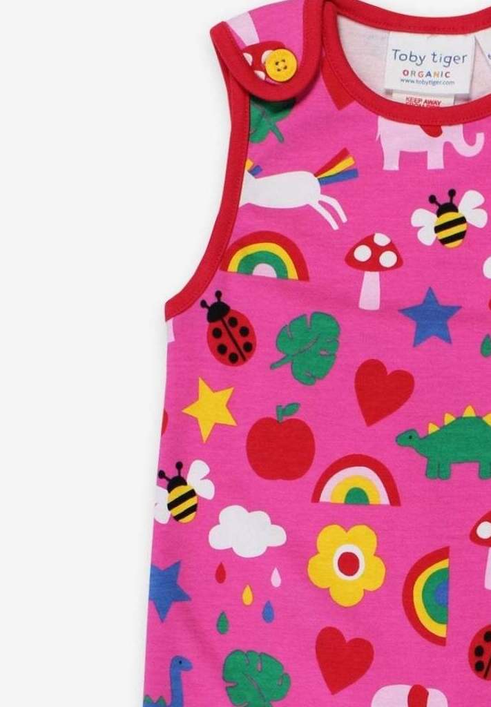 Premium baby romper with colorful dinosaur unicorn elephant print, organic cotton short sleeve bodysuit, stylish sustainable GOTS certified by Toby Tiger at brixbailey.com