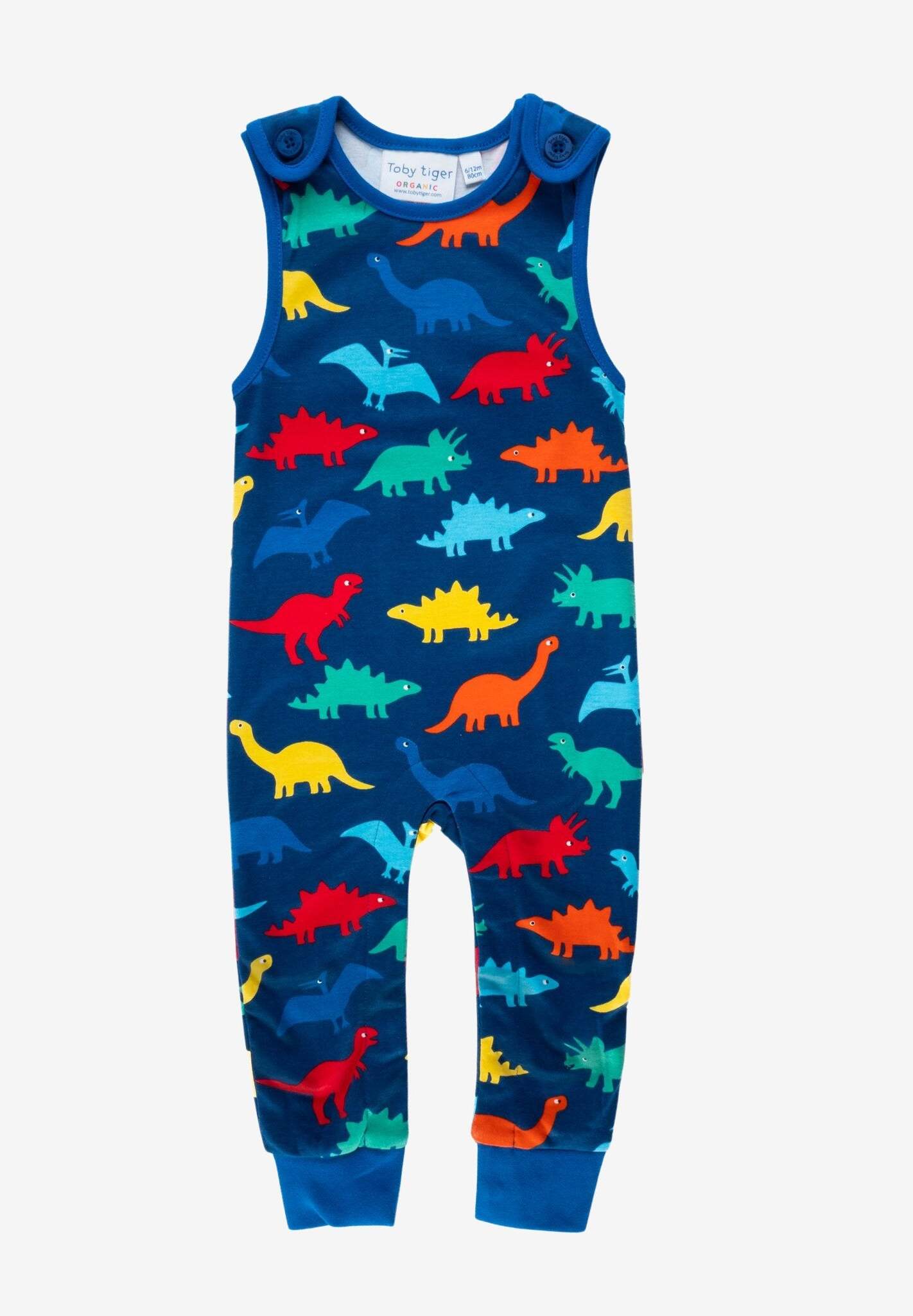 Organic Rainbow Dinosaur Bib Pants - Soft GOTS-Certified Cotton Baby Romper with Snap Buttons and Eco-Friendly Dyes by Toby Tiger at brixbailey.com