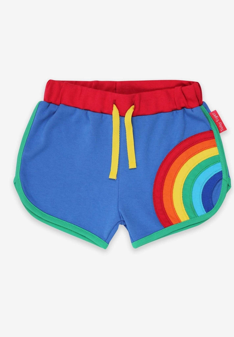 Vintage Blue Rainbow Applique Retro Shorts for Kids - Soft GOTS Certified Organic Cotton Summer Essential by Toby Tiger at brixbailey.com