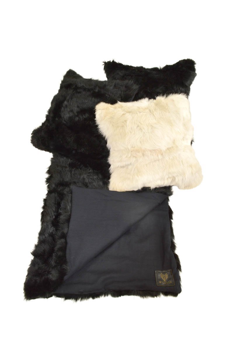 Luxury black shearling cushion, 45cm x 45cm, premium duck feather filling, handcrafted Tuscan design, stylish reversible corduroy back by Wildash London at brixbailey.com
