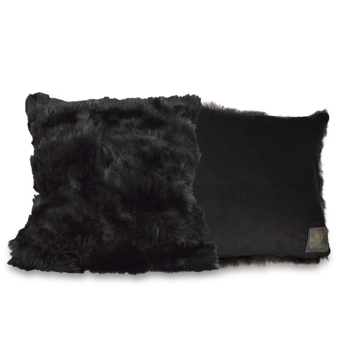 Luxury black shearling cushion, 45cm x 45cm, premium duck feather filling, handcrafted Tuscan design, reversible black corduroy back by Wildash London at brixbailey.com