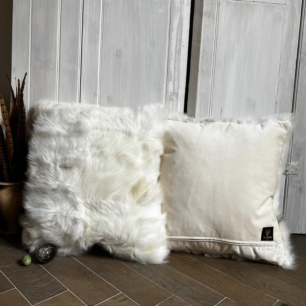 Luxury shearling throw cushion, 45cm square, clotted cream and cream velvet, duck feather down filling, handcrafted, premium home decor by Wildash London at brixbailey.com