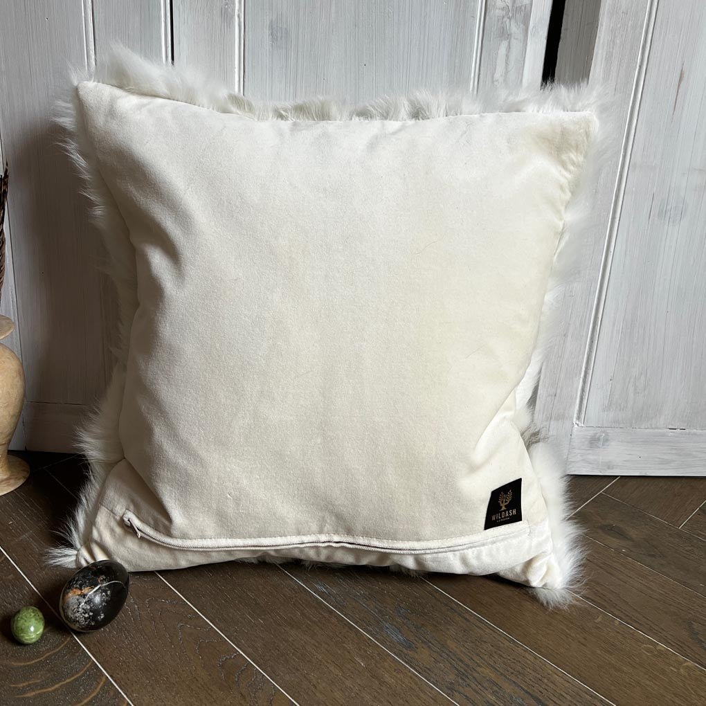 Luxury shearling throw cushion, premium duck feather down filling, fairtrade cotton velvet reverse, 45cm x 45cm, clotted cream and cream by Wildash London at brixbailey.com