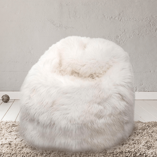Luxury British white sheepskin beanbag chair, premium handcrafted large fleece, stylish sustainable design by Wildash London at brixbailey.com
