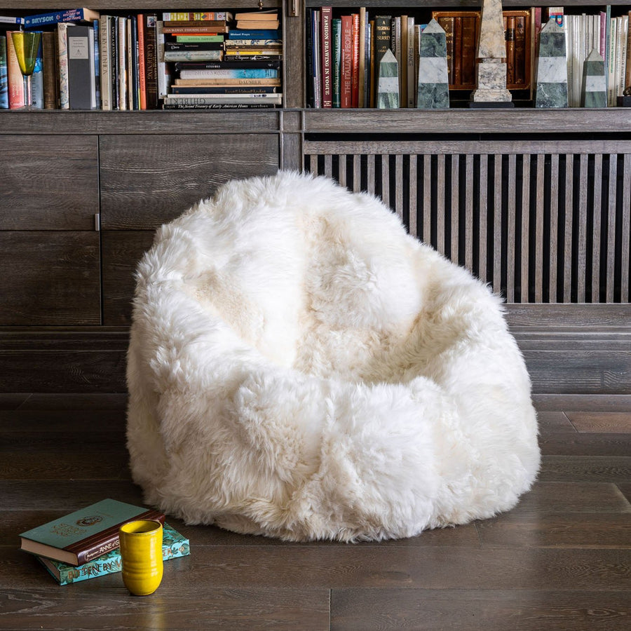 Luxury British white sheepskin beanbag chair, premium handcrafted large fleece, stylish sustainable comfort by Wildash London at brixbailey.com