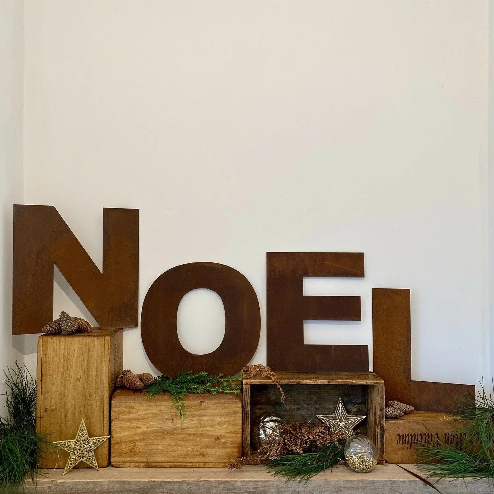 NOEL Christmas Mantle Decoration / Rusty 12" Tall Fat Font Metal Letters