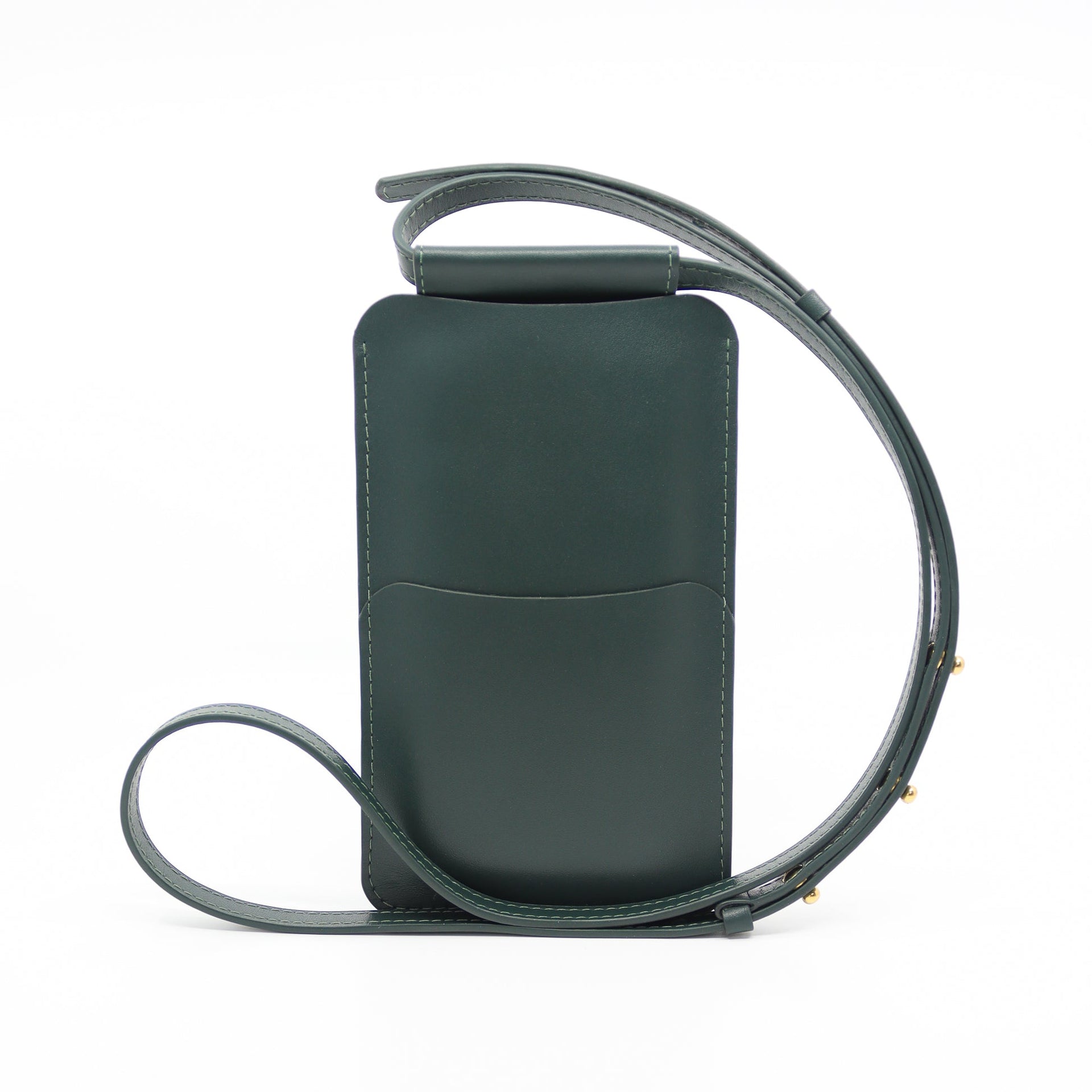 forest green leather crossbody phone bag with a long adjustable strap and elegant silver buckle