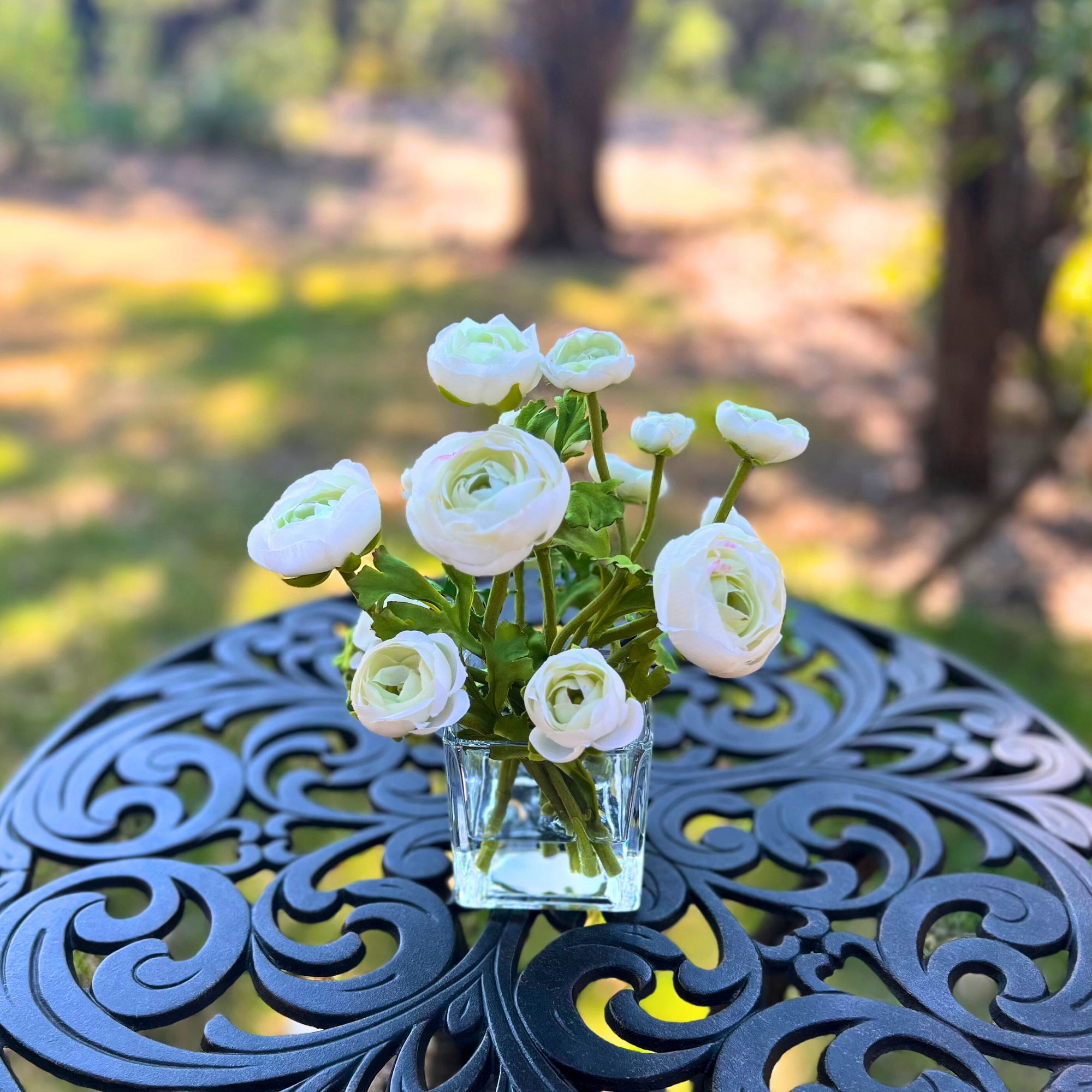 Silk Ranunculus Flowers in Glass Vase - 8"