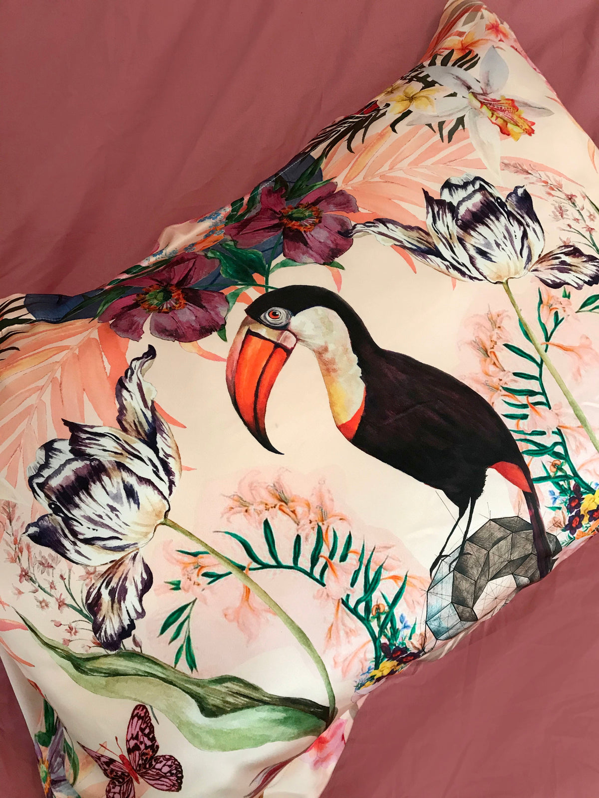 Tropical Silk Pillowcase in hand painted 'Eden' print, Oxford Pillowcase