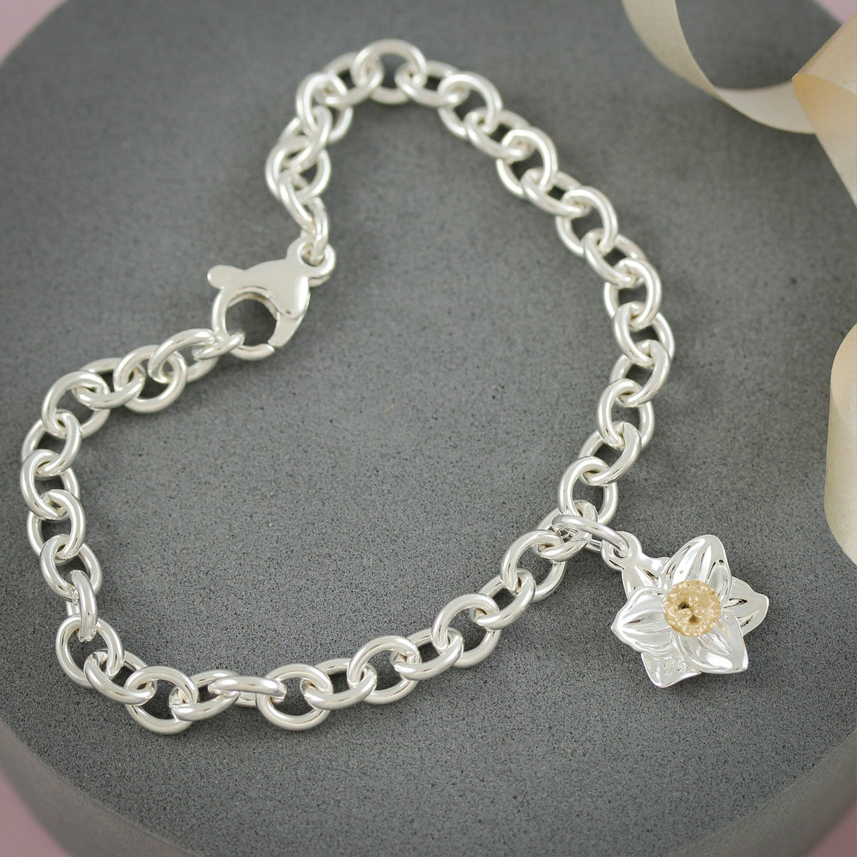 Daffodil Flower Silver &amp; Solid Gold Charm