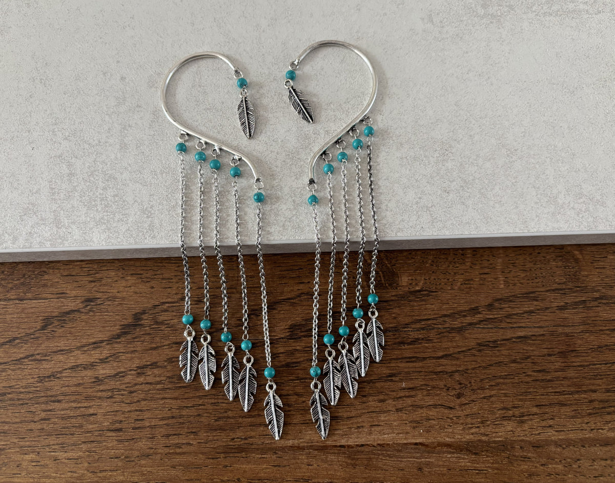 Boho Feather Chain Ear Cuff Earrings – Brass/Silver Statement Earrings