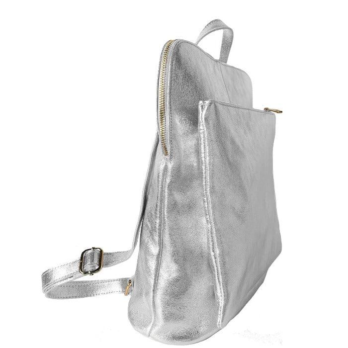 Silver Metallic Leather Backpack – Convertible &amp; Stylish by Sostter at brixbailey.com