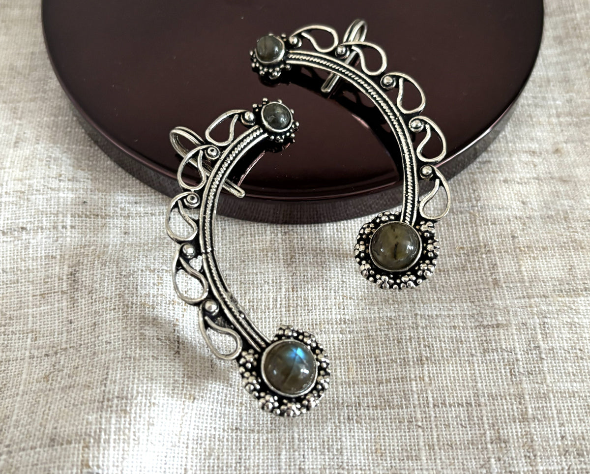 Boho Crescent Ear Cuff with Labradorite/Moonstone - Gold &amp; Silver Ear Wrap