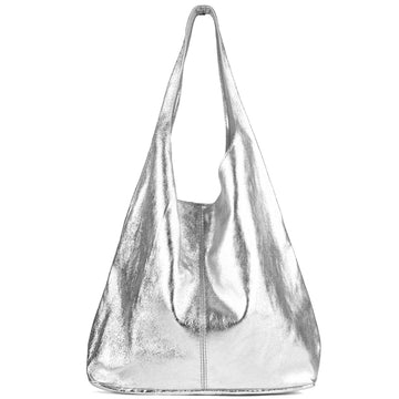 Silver Metallic Leather Hobo Shoulder Bag - Brix + Bailey