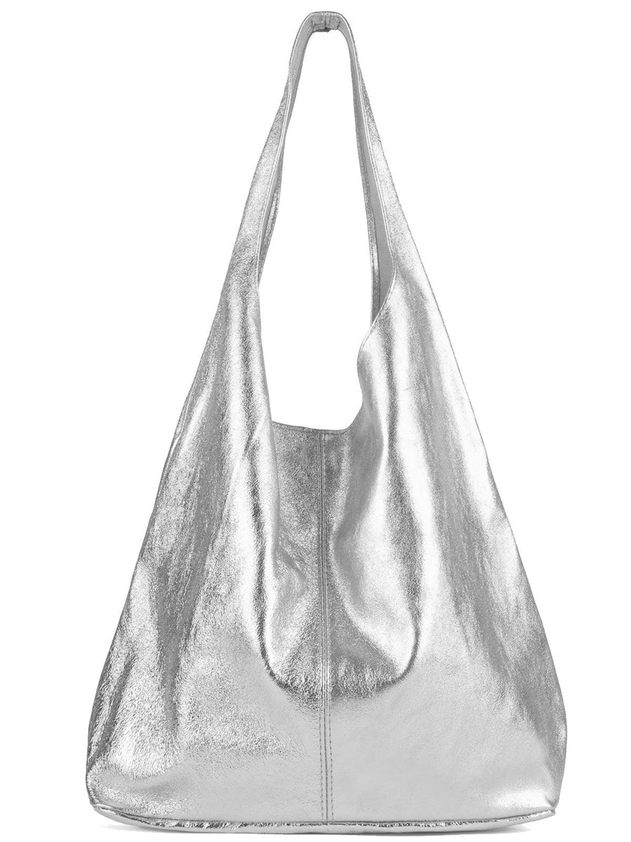 Silver Metallic Leather Hobo Shoulder Bag - Brix + Bailey