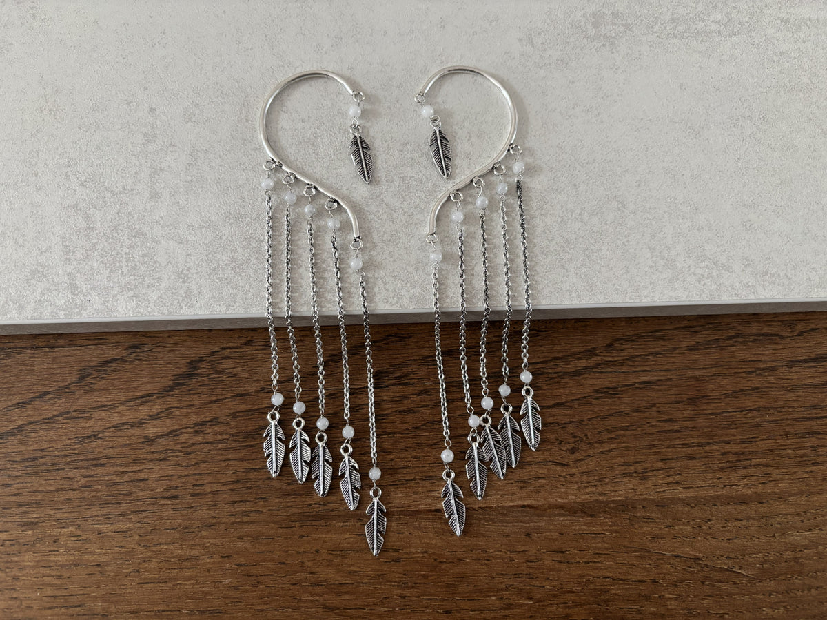 Boho Feather Chain Ear Cuff Earrings – Brass/Silver Statement Earrings