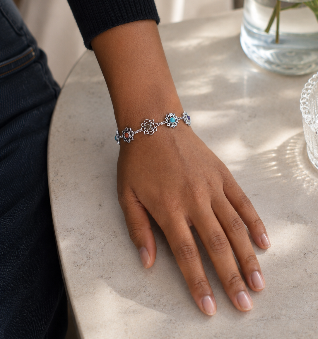7 Chakras Sacred Geometry Bracelet - A spiritual charm bracelet with 7 gemstones