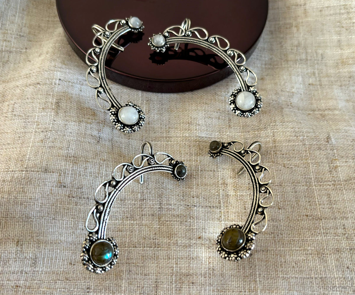 Boho Crescent Ear Cuff with Labradorite/Moonstone - Gold &amp; Silver Ear Wrap