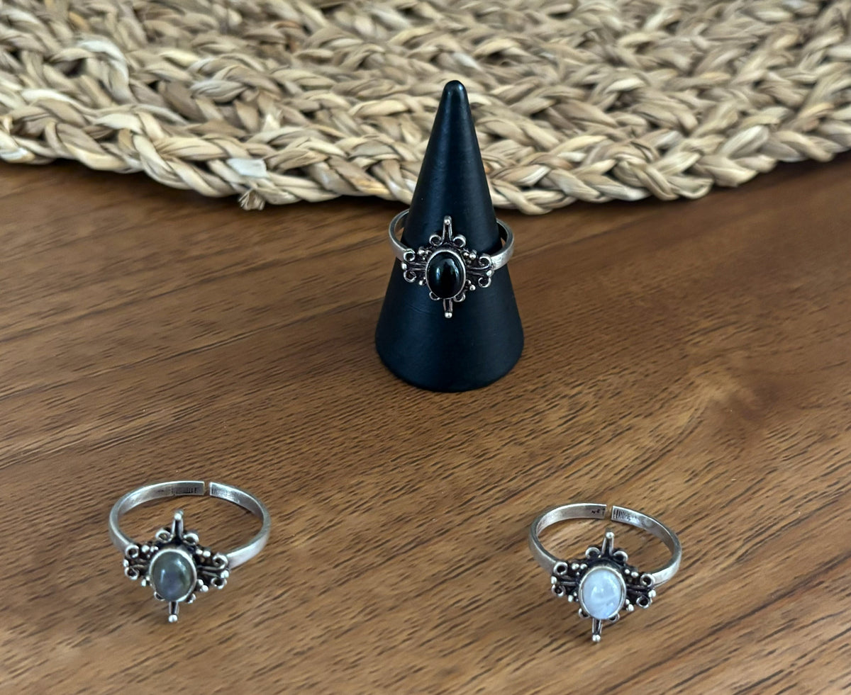 Vintage Celestial Gemstone Ring – Adjustable Boho Statement Ring