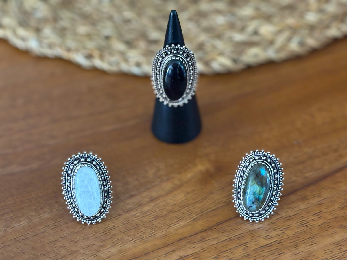 Boho Oval Gemstone Adjustable Ring – Gold/Silver Vintage Brass Statement Ring