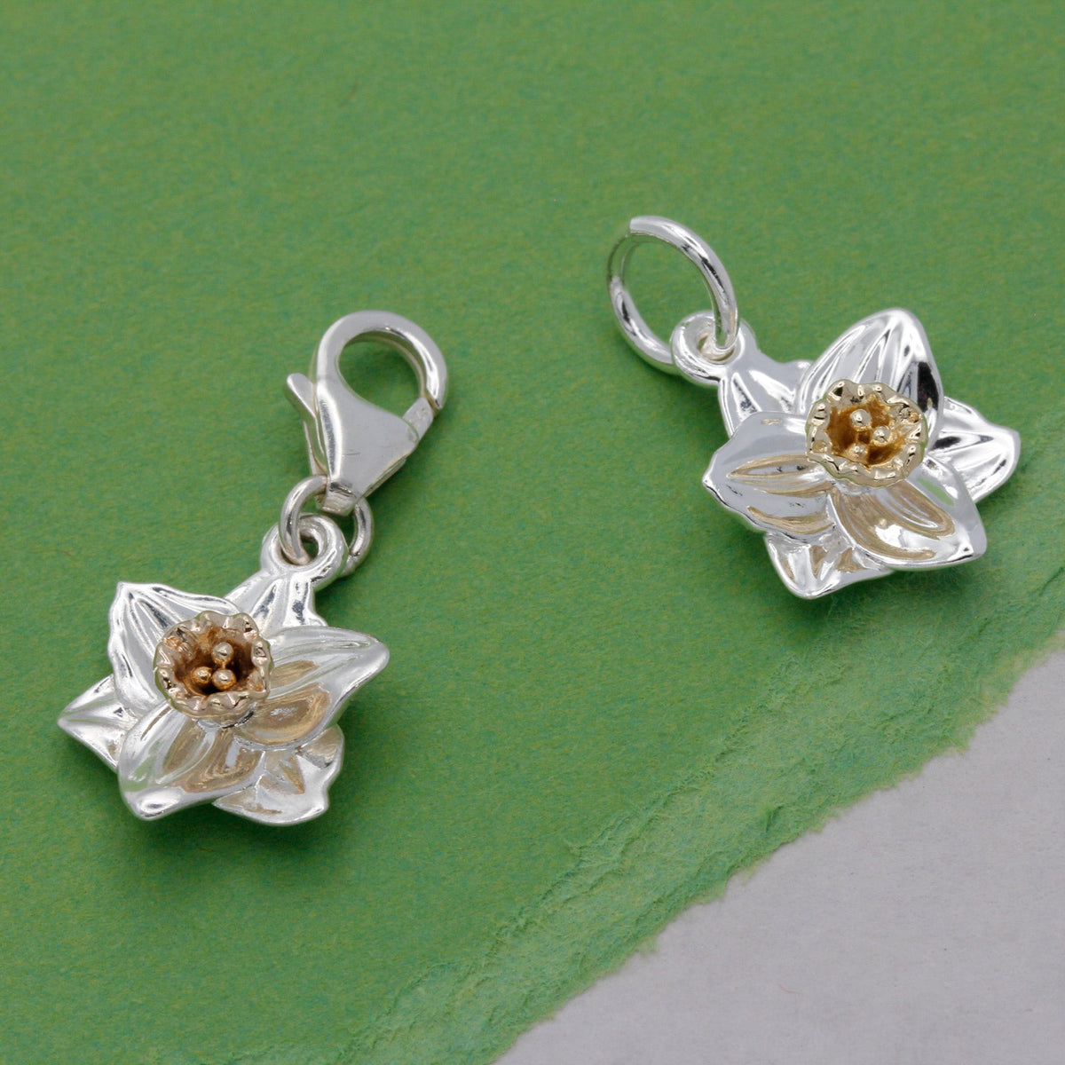 Daffodil Flower Silver &amp; Solid Gold Charm