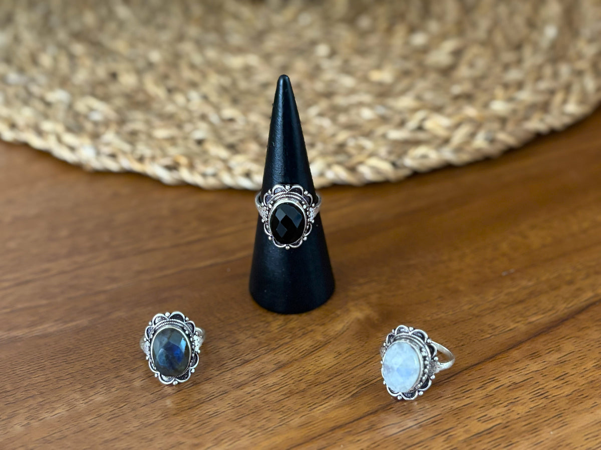 Vintage Oval Gemstone Adjustable Ring – Boho Statement Ring | Gold &amp; Silver Finish